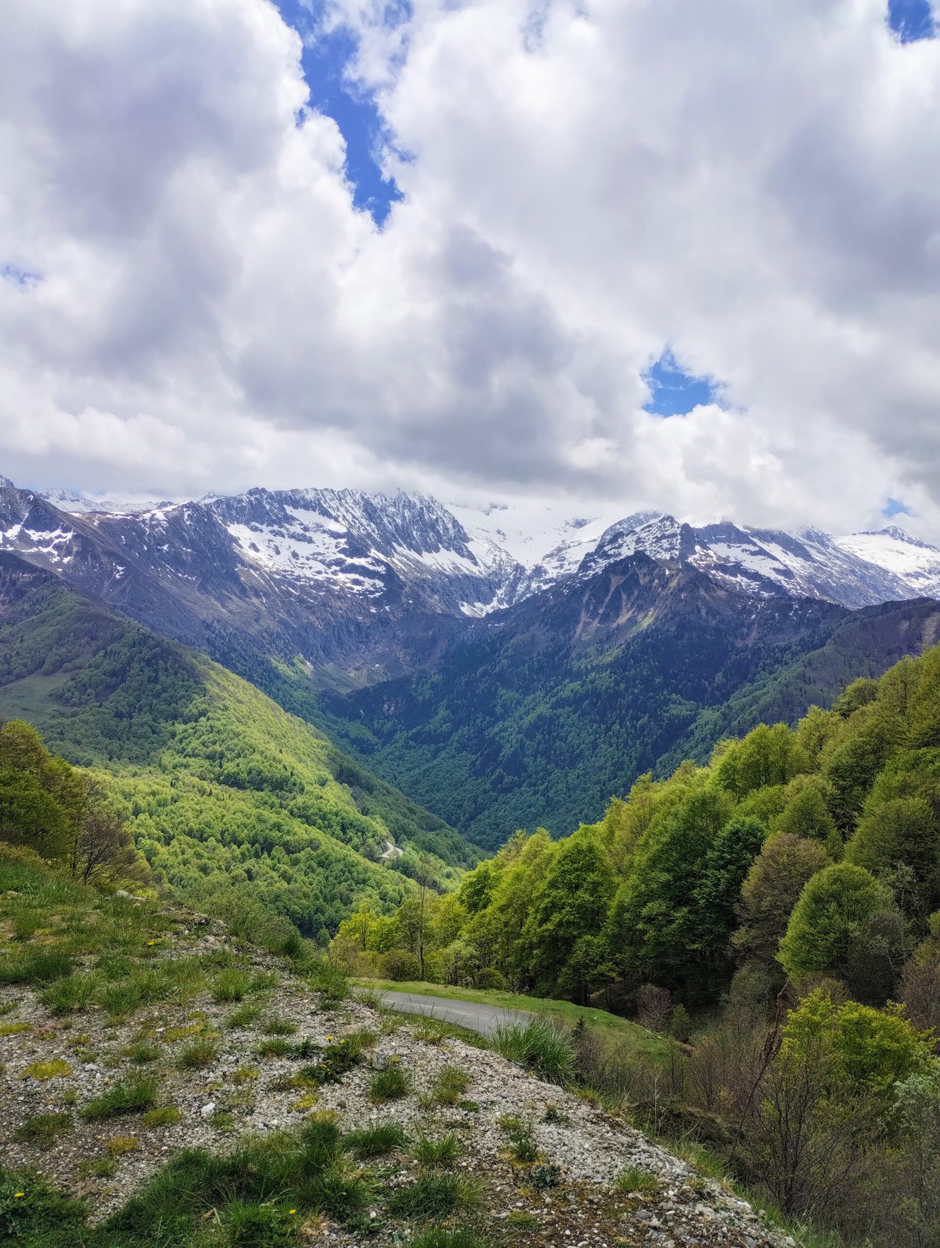 Cyclists riding on a quiet road in the Ariรจge Pyrenees.